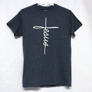 Women's Small Jesus Graphic Short Sleeve Tee Shirt in White and a Shade of Blue